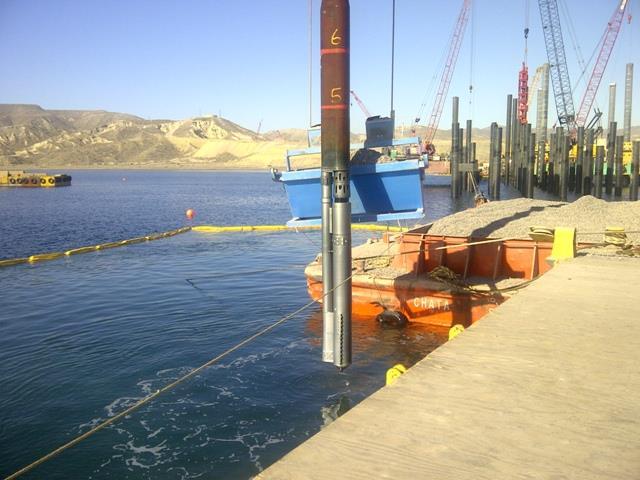 Spud barge at Santa Rosalia, Baja California, penetrating 11m of water + 12m of granular soil.