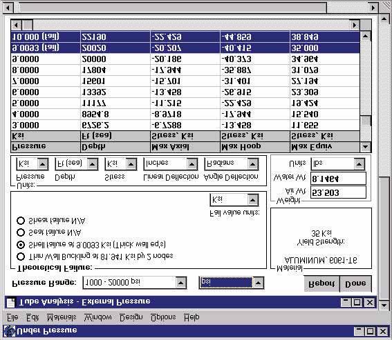 EXAMPLE 1 ANALYSIS DIALOG BOX (6061-T6) -This analysis indicates the following results: Thin Wall Buckling occurs at 81,941 psi (S.F. = 18.2) Shell failure occurs at 9009 psi (S.F. = 2.