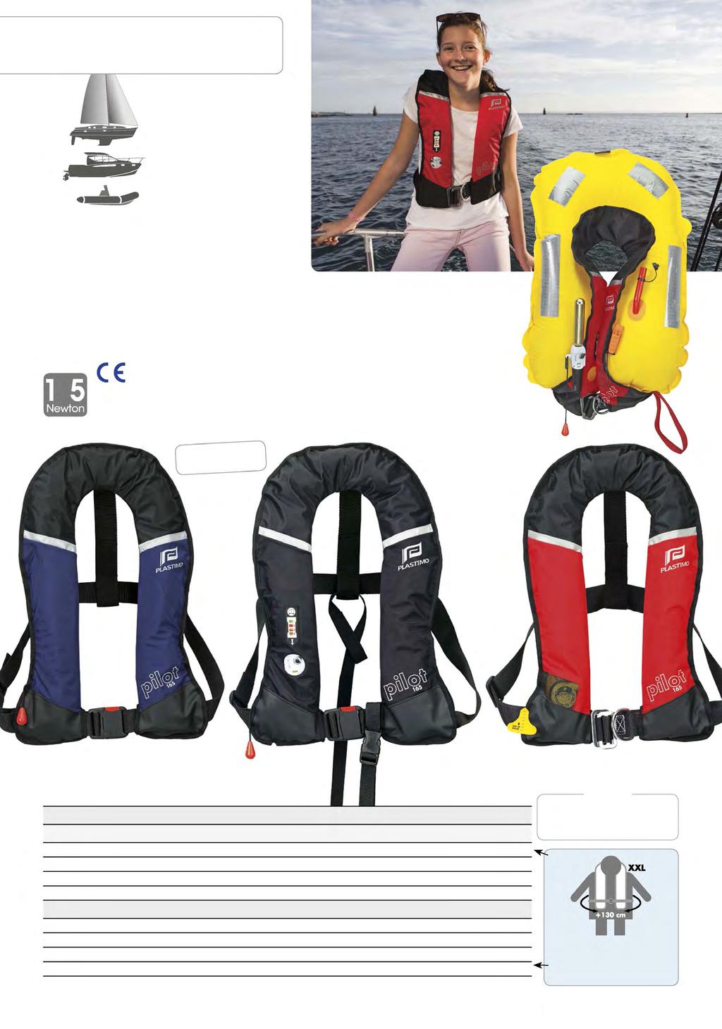 Pilot 165 lifejacket JeanMarie Liot Cruising and intensive use. Buoyancy : Rated 150 N, actual buoyancy 165 N (33 g CO 2 gas bottle).