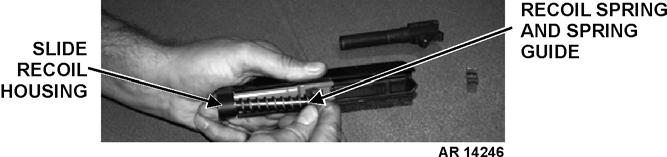 f. Remove CCMCK feed ramp and set it aside. g. Set receiver aside. WARNING Wear approved goggles and use care when removing recoil spring and spring guide.