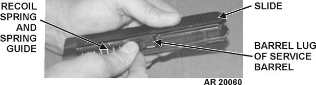 6.5 REINSTALL M11 SERVICE BARREL. a. Grasp slide with bottom facing UP. With other hand, grasp M11 service barrel by the barrel lug. b. Insert muzzle of M11 service barrel into forward open end of slide.