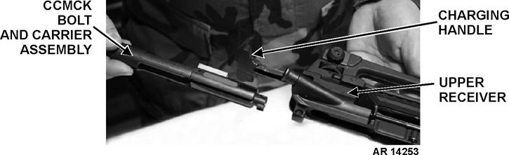 c. With upper and lower receivers pivoted away from each other, slide CCMCK bolt and carrier assembly into upper