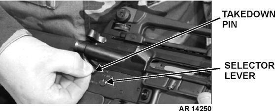 CAUTION To prevent weapon damage, selector lever must be on SAFE before closing upper receiver. e. Ensure selector lever is on SAFE.