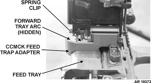 j. Place blue CCMCK feed tray adapter onto weapon feed tray. Place spring clip over groove on the forward tray arc located on the side of the weapon that the ammunition feeds from. k.