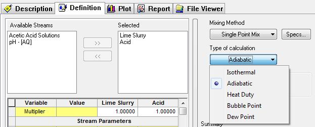 Figure 7-20 Selecting the mix calculation type. Select Adiabatic. 16. Click on the Calculate button. Figure 7-21 The results of the mix. The Summary Box shows the results of the calculation.