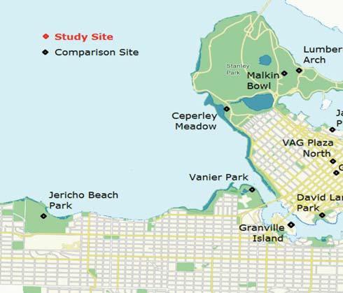 Two comparative venues within the Lower Mainland, Deer Lake Park in Burnaby and Holland Park in Surrey are also included in the assessment although outside the parameter of the map in Figure 1.