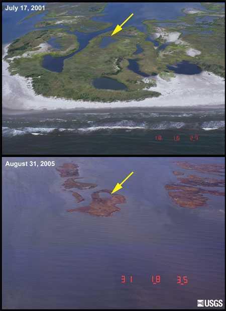 These photos show a part of the coastline of the state of Louisiana, USA, that was affected by Hurricane Katrina The top image, taken in July 2001, shows narrow sandy beaches and adjacent overwash