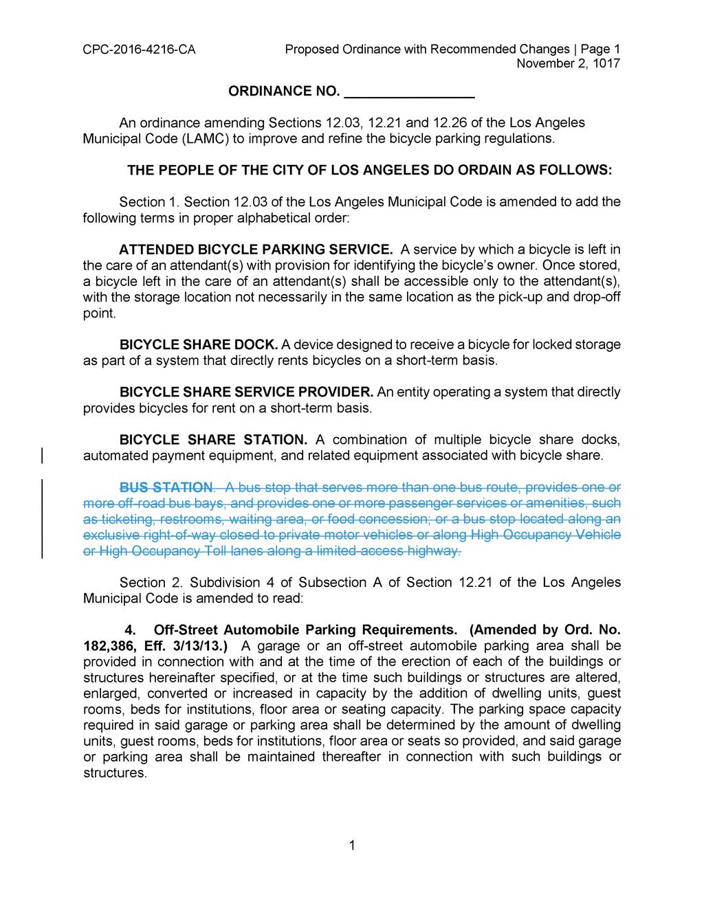 CPC-2016-4216-CA Proposed Ordinance with Recommended Changes Page 1 ORDINANCE NO. An ordinance amending Sections 12.03, 12.21 and 12.