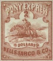 ($2Red, $4Green) The $2 and $4 pony express stamps issued by Wells Fargo while the express was a private enterprize.