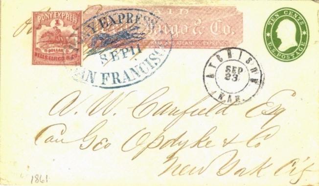Additional mails were collected at other Wells Fargo offices and transmitted by them to the nearest Pony Express station. A cover carried on the first trip of the fourth period is shown below.