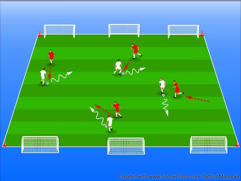 CORE SKILL: 1v1. TRAINING SESSION 1 SKILL GAME Two teams of four players, whites attack goals on one end and reds attack the others. No Keepers.