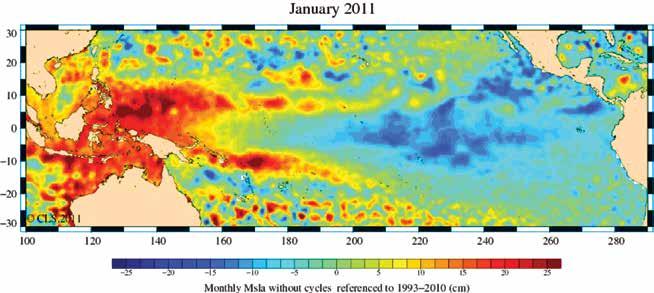 Figure 7. Monthly sea level anomaly for January 2011 showing higher than normal sea level in the western Pacific.