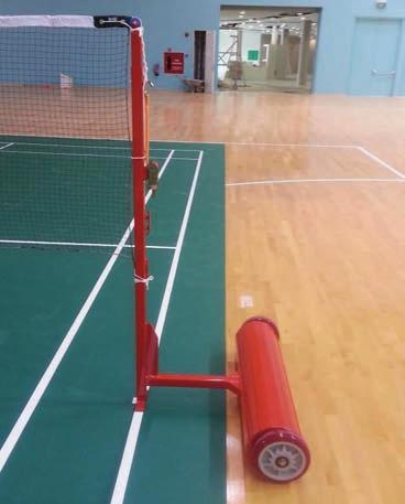 Badminton Badminton Post Mobile The badminton post mobile is made from extra strong aluminium. The upright is realized from a square hollow profile with a cross section of 40x40x3 mm.