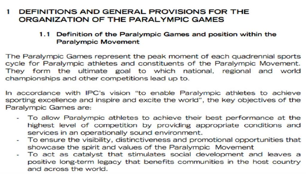 IPC Handbook, Paralympic Games IPC Handbook Key objectives of the