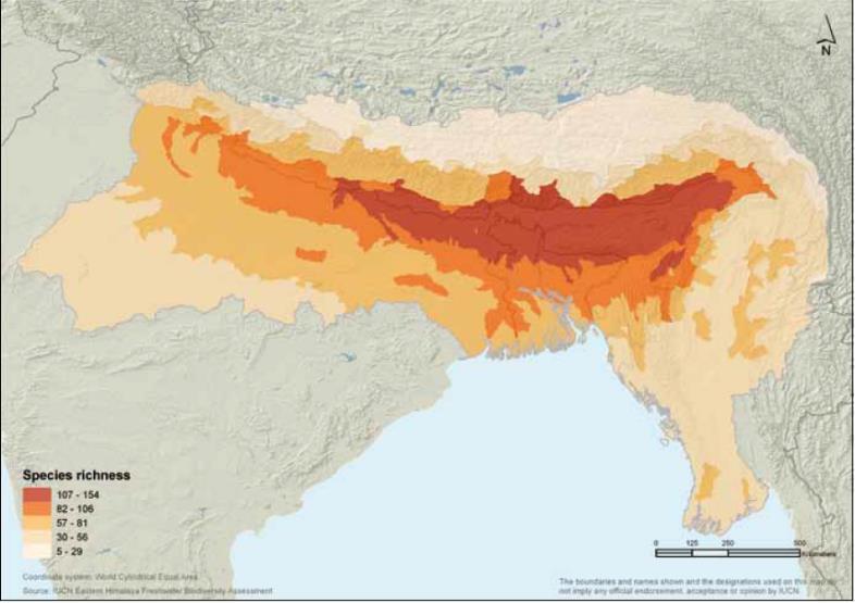 Distribution of freshwater fish species throughout the Eastern Himalaya and