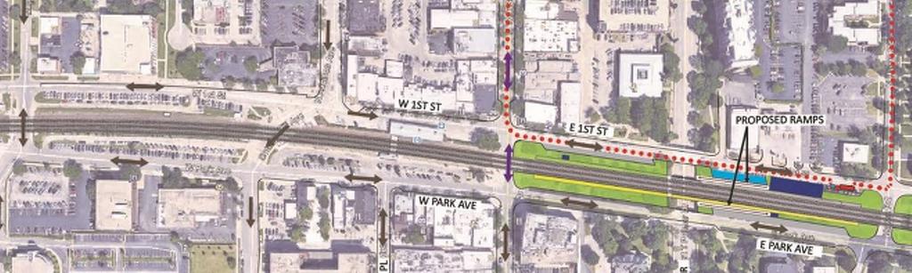 Station Location Preliminary Analysis RELOCATE TO EAST Opportunities ADA access to new ramps using Robert Palmer underpass No platform conflicts at crossings Dedicated bus & vehicle drop-off New