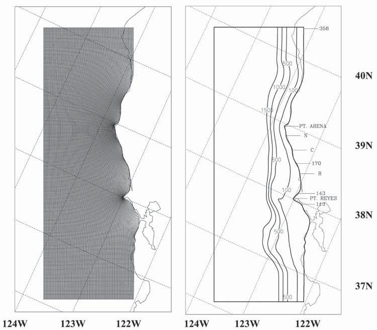 GAN AND ALLEN: CODE SIMULATIONS AND COMPARISONS WITH OBSERVATIONS 5-3 Figure 3. (left) Model curvilinear grid and (right) topography with the 100, 500, 1000, and 1500 m isobaths shown.