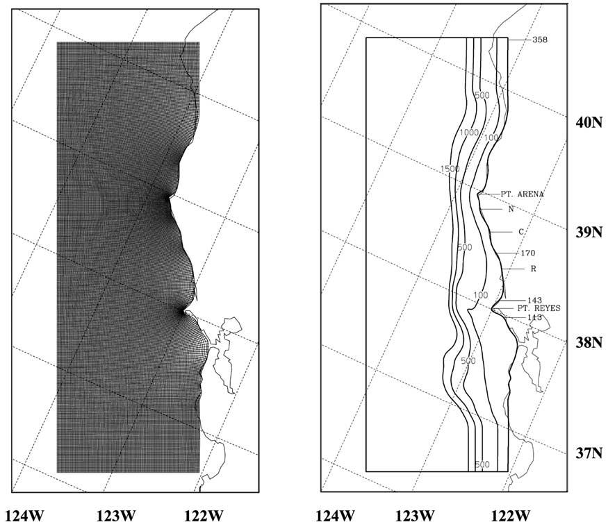 6-4 GAN AND ALLEN: MODELING RESPONSE TO UPWELLING WIND RELAXATION Figure 3. (left) Model curvilinear grid and (right) topography with the 100, 500, 1000, and 1500 m isobaths shown. direction is w.