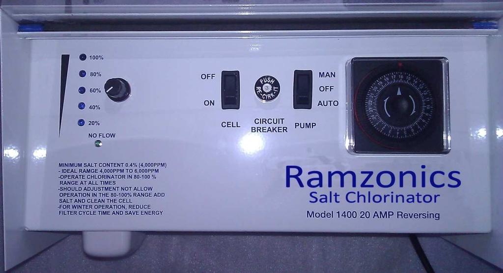 RAMZONICS Manufactured Chlorinator Owner s Manual Model 1400 20A Reversing Self-Clean Model 1401 30A Reversing Self-Clean Picture shows Model 1400, 20A.