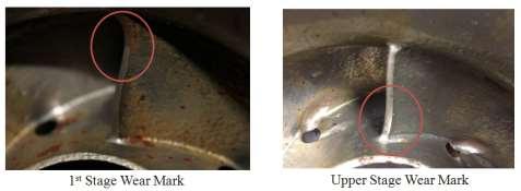 Figure 76. Wear Marks on Different Stages Another type of wear noticed is a horseshoe shape wear which is resulted from flow separation as shown in Figure 77.