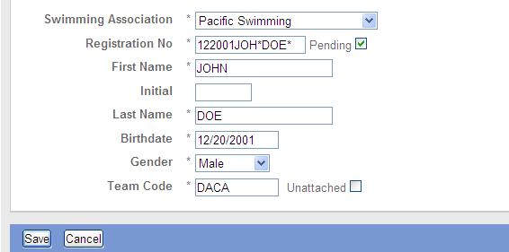 Step 13. Click on the link that reads Enter all info Manually and fill out the requested information. Then click Save. 1. The Swimming Association should already be set to Pacific Swimming. 2.