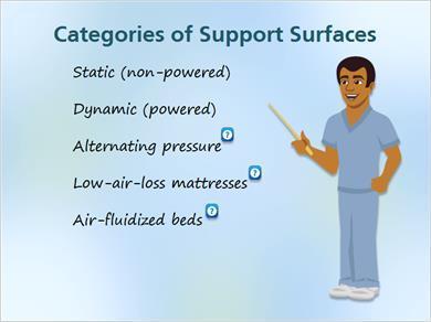 1.12 Categories JILL: Let s take a brief look at the different types of support surfaces that we use in our care facilities. Mark, why don t you do this one? MARK: Okay.