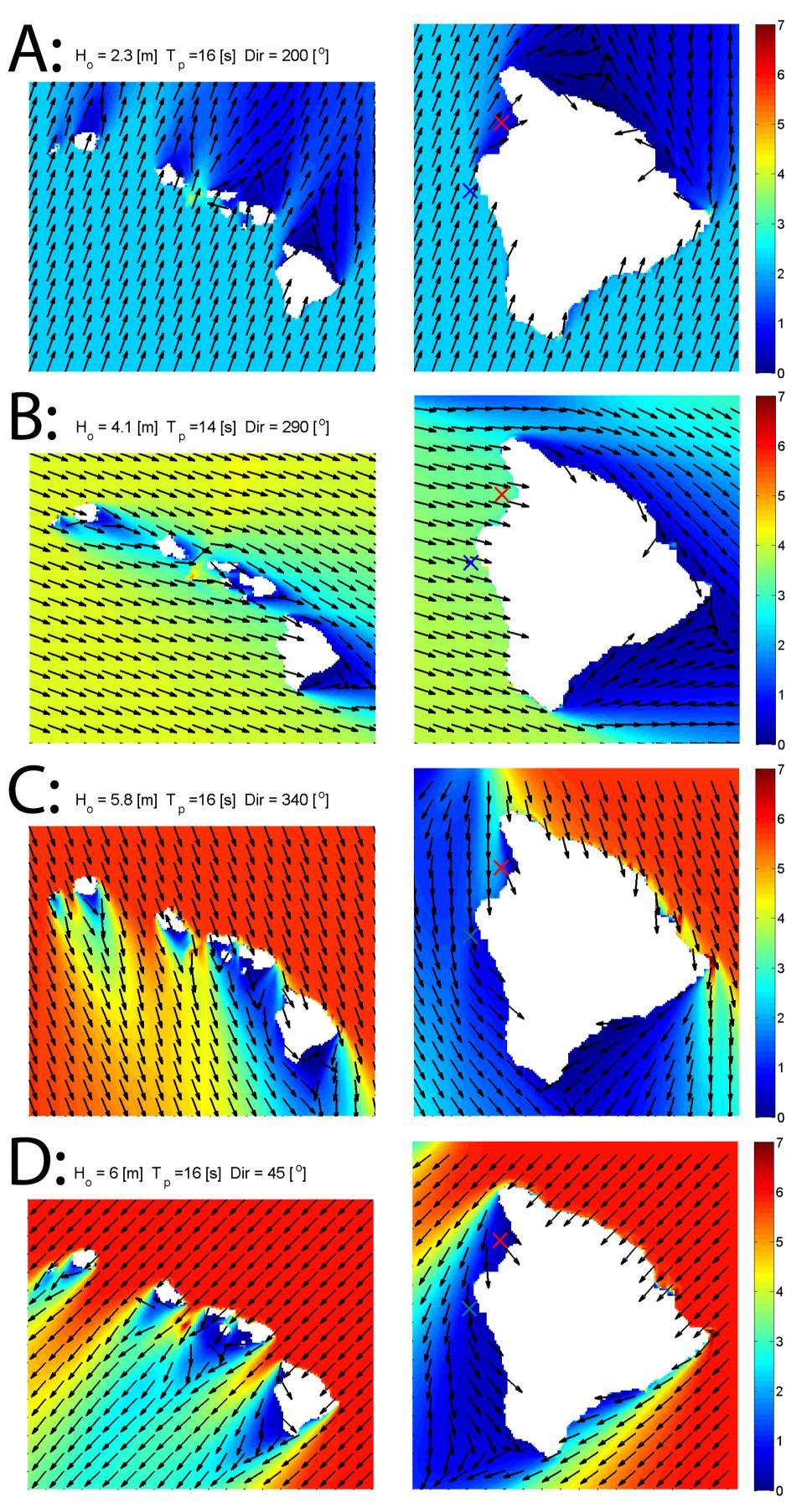 Figure 6. Four of 85 SWAN model simulations each with representative annual maximum significant wave height from a particular direction.