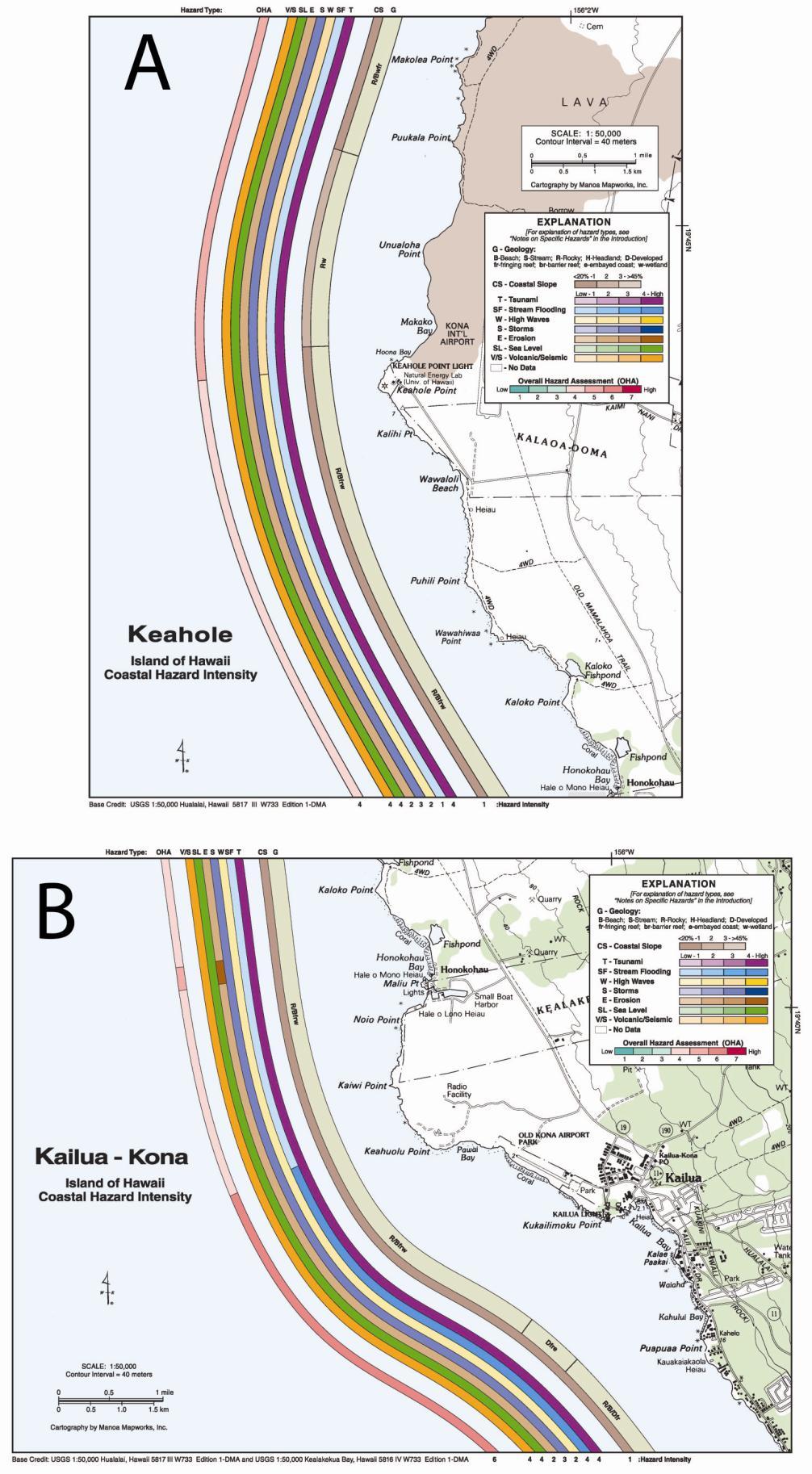 Figure 29. Coastal hazards for Keahole (A) and Kailua-Kona (B), Hawai i (from Fletcher et al. 2002).