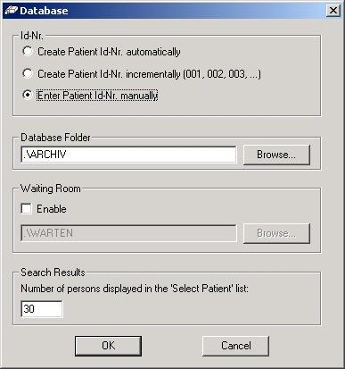 In the paragraph 'Database', the user can define the folder, were the patient-archive has to be stored.