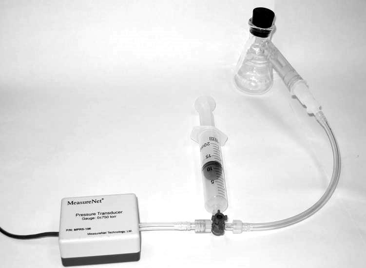 Setting up the Apparatus and Testing for Leaks 2. Set up an apparatus as in FIGURE 12-4. Obtain a 20-mL syringe equipped with a Luer fitting, and pull out the plunger to the 15-20 ml mark.