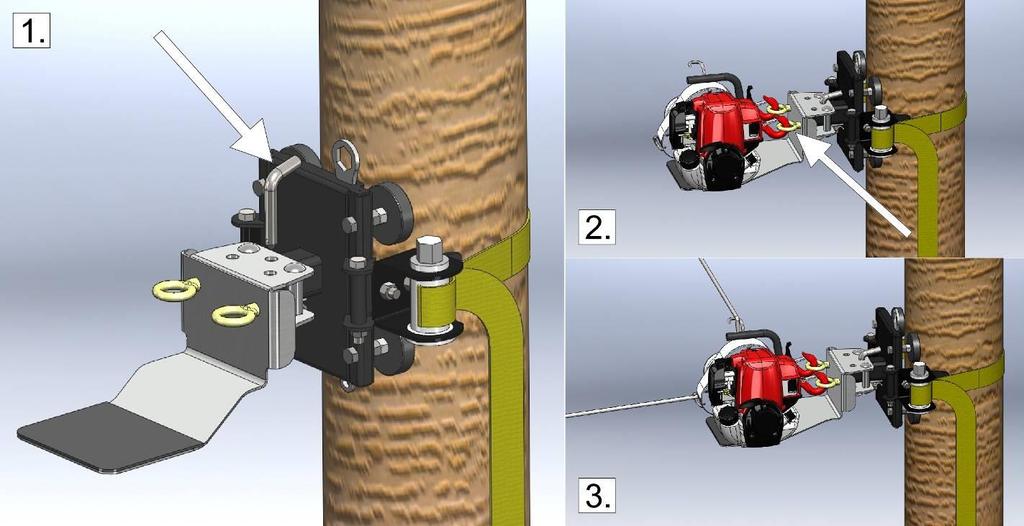 3.3.5.1 With the winch support plate (PCA-1268) After the installation of the tree/pole mount (section 3.3.5), follow these steps: 1) Figure 1: Insert the winch support plate onto the square tubing