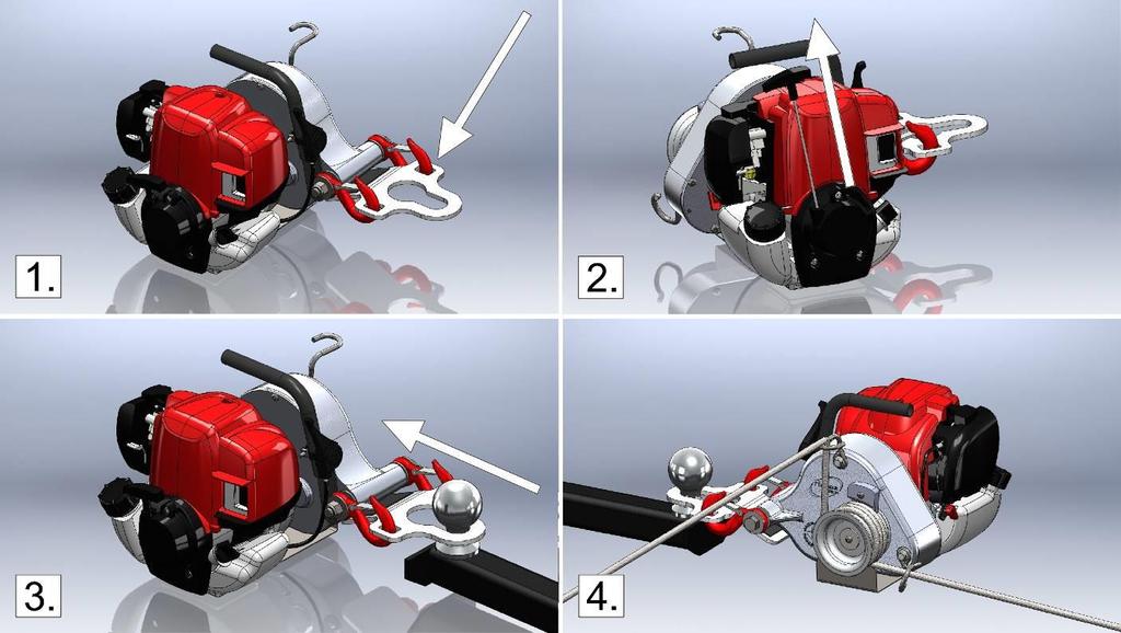 3.3.2 Using the hitch plate winch anchor (PCA-1261) for tow balls up to 50 mm (2'') diameter 1) Figure 1: Push the safety hooks in the rectangular openings of the hitch plate.