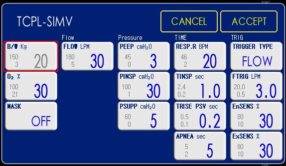 17 Ventilation Parameter Outline When ventilation mode is selected, parameters related to the configured ventilation mode are displayed on the screen.