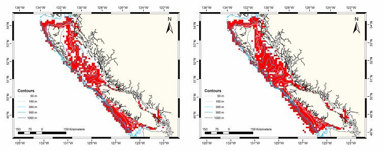 Commercial fisheries for big and longnose skate is very widespread occurring over 68 000 km 2 and 80 000 km 2 respectively based on 10X10 km grid squares (Figure 8).