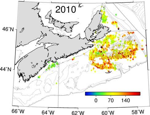Map 3. Average catch rates (kg/trap haul) of snow crab on the Scotian Shelf in 2009 and 2010. Original figure in colour. Map 4.