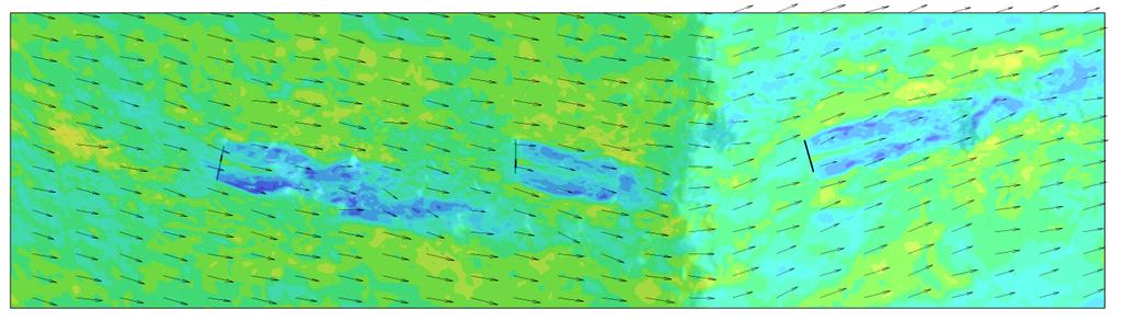. Contour plots of velocity shown in the xz-plane for a wind shift event propagating through the turbine array. The shift front is illustrated by the shaded region of fluid moving from left to right.
