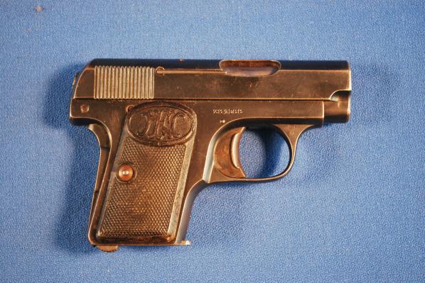Fabrique Nationale 25 Vest Pocket SA Pistol Serial # 281388,.25 cal, 2 1/8" round barrel with fair to good bore. Manufactured 1906. Browning's patent of the model 1903. Side slide lock, grip safety.