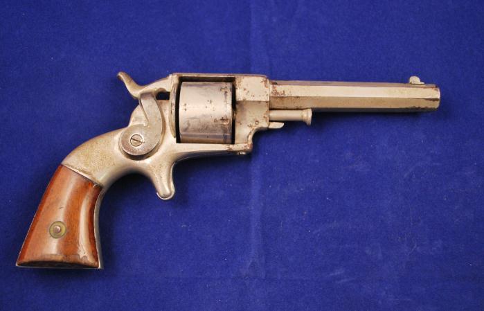 201. Allen & Wheelock, Side-Hammer Spur Trigger Revolver Serial # 129,.32 rimfire, 4" octagonal barrel with fair, clean bore. Manufactured 1858. Allen & Wheelock (Worcester, MA.
