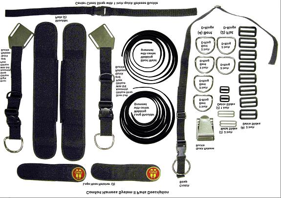 OMS Comfort Harness II Parts list (See Comfort Harness System II pictorial parts description): 2 2 inch wide webbing: One Short 85 inches for the waist strap One Long 109 inch for the shoulder Strap.