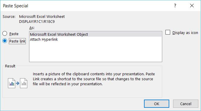 This will display an image of the DISPLAY sheet into your slide. Right-click on that image and select function Update Link e.