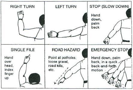 HAND SIGNALS The above hand signals are the ones most commonly used. All hand signals must be passed back through the pack! Hand signals must be used along with turn signals.