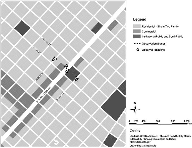 S105 Fig. 4 Observation location and land uses within one-half mile of S. Carrollton Avenue and Birch and Green Streets, New Orleans, LA bicycles.