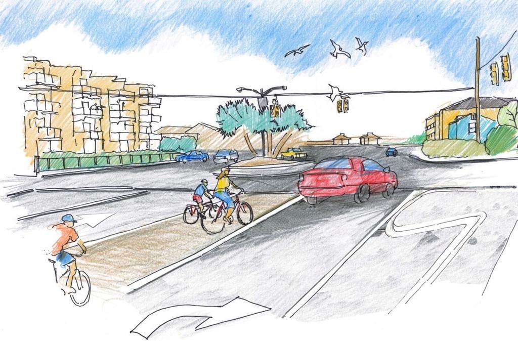 Street-level view of the proposed bike lane and curb extensions at the Salisbury/North Lumina intersection.