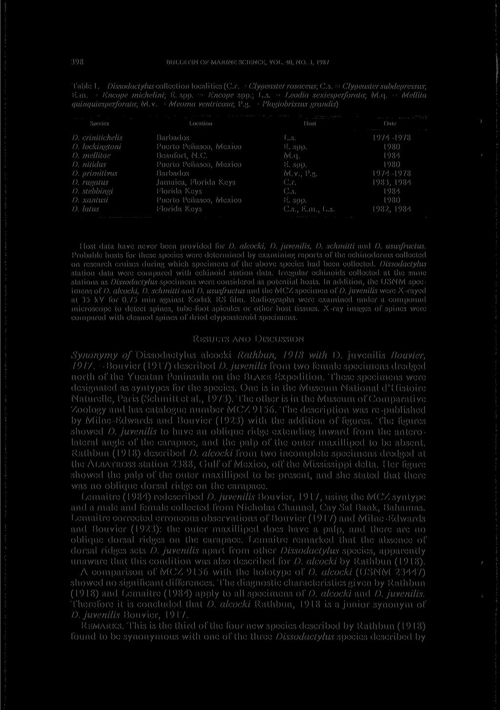 398 BULLETIN OF MARINE SCIENCE, VOL. 40, NO. 3, 1987 Table 1. Dissodactylus collection localities (C.r. = Clypeaster rosaceus; C.s. = Clypeaster subdepressus; E.m. = Encope michelinv, E. spp.