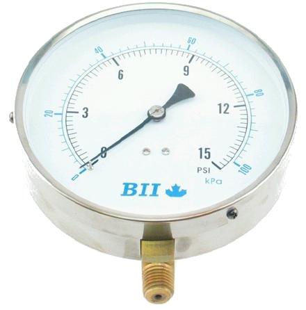 6-7 CONTRACTOR GAUGE - 4 1/2" DIAL Application: Fluid medium which does not clog connection or corrode copper alloy General Purpose - not for use with oxygen #304 Stainless Steel case and bezel