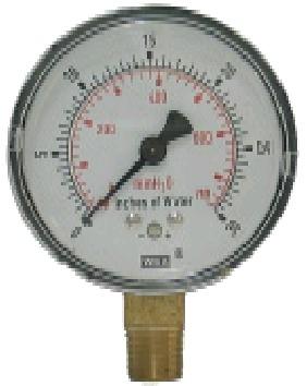 0% Full Scale Value 4 1/2" Dial Face Window: Clear Acrylic Plastic Connection: Copper Alloy Readjustable Pointer Gauges 15 to 600 PSI tapped for restrictor screw (not included) Gauges of 1000 PSI or