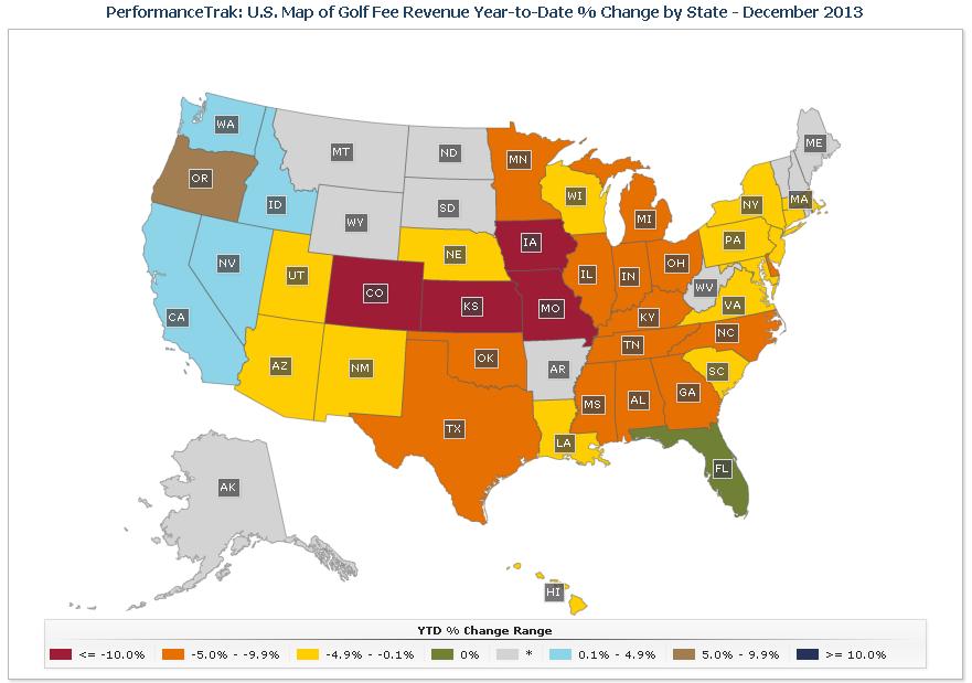 Year-End Gross Golf Fee Revenue Percent Change by State This map provides YTD December 2013 (year-end) gross golf fee revenue results compared to YTD December 2012 color-coded based on a percent