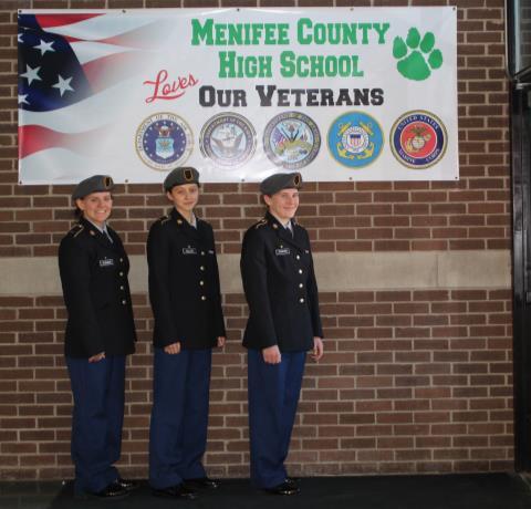 Junior-ROTC members Brittany Sallee, Carolyn Fugate, and Allie Rogers presented the colors for the National Anthem and the Pledge of Allegiance.