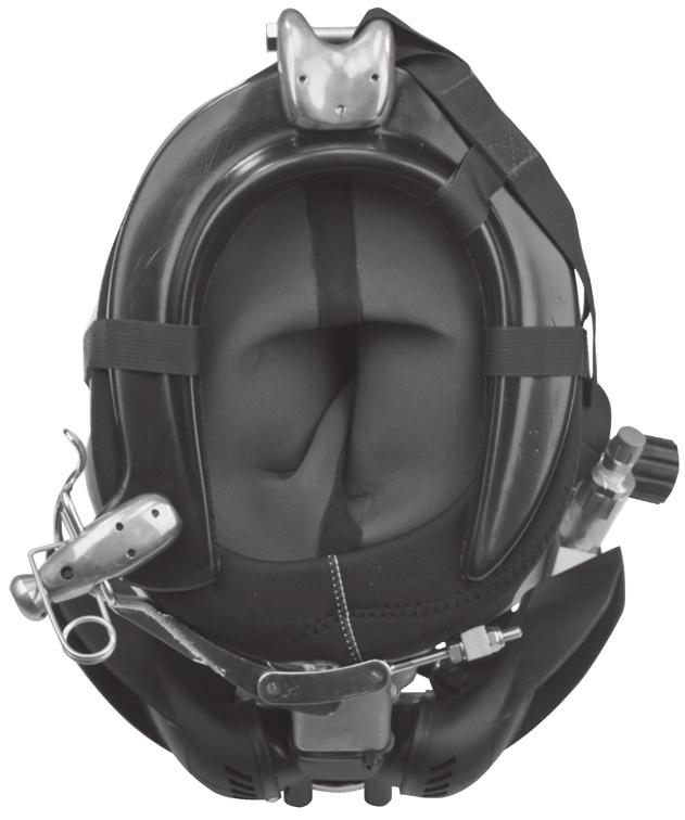 The helmet is lowered onto the diver s head with the help of a tender, then the yoke hinge tab is hooked onto the alignment screw on the rear weight.