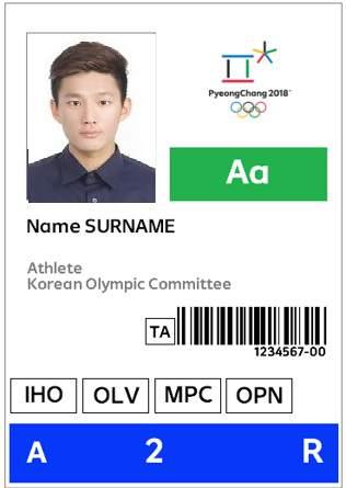 Olympic Identity and Accreditation Card (OIAC) PyeongChang 2018 Accreditation Card Sample 1 2 3 4 5 6 7 1 Cardholder s photo 2 Category code and colour 3 Cardholder s